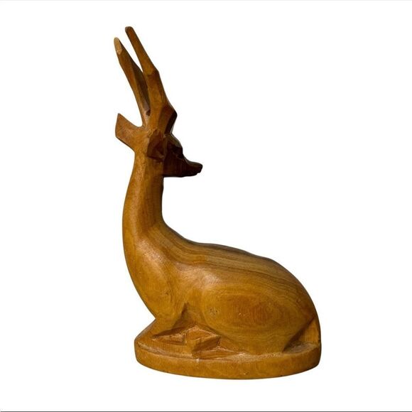 Antelope Gazelle Mid Century Hand Carved Teak Wooden Figurines Pair Vintage 6" - Picture 2 of 7